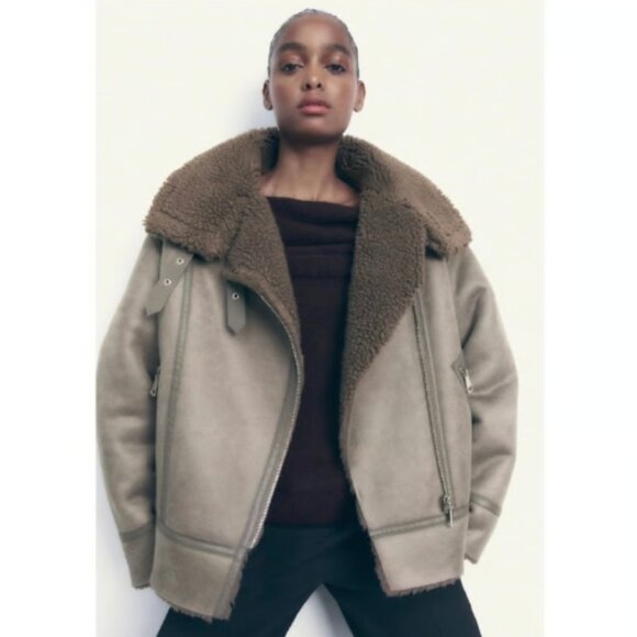ZARA NEW WOMEN FAUX LEATHER SHEARLING DOUBLE-FACED BIKER JACKET GRAY 3548/243 - Picture 7 of 15